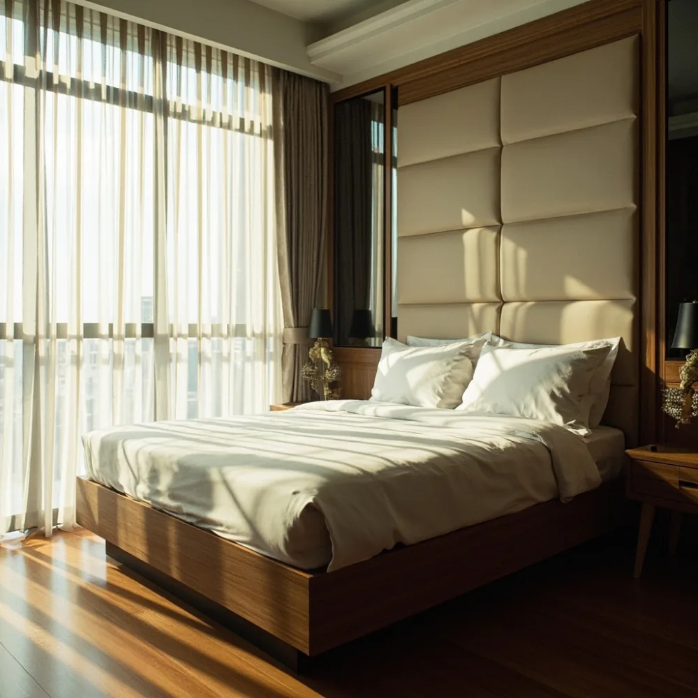 Rangka katil mewah kayu pepejal di bilik tidur kondominium Kuala Lumpur