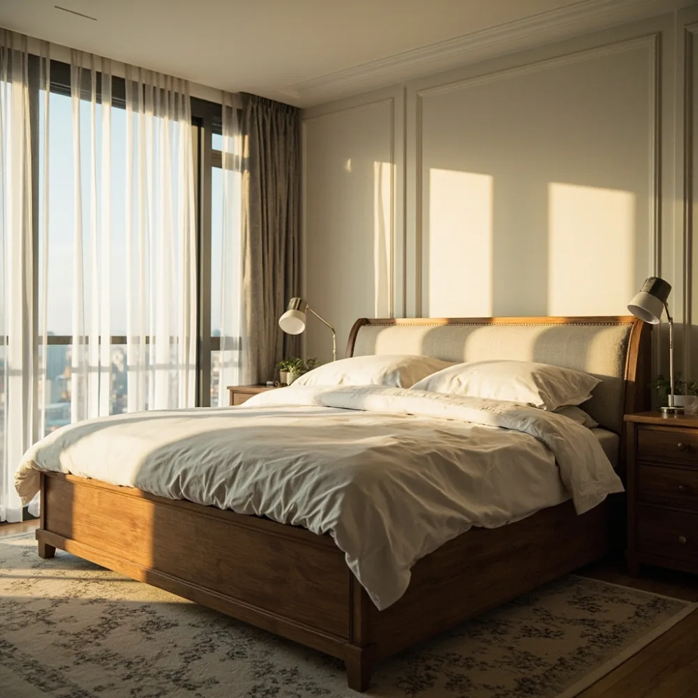 Rangka katil kayu pepejal upholsteri linen champagne gaya Perancis kontemporari di dalam bilik kondominium Kuala Lumpur dengan cahaya matahari tropika