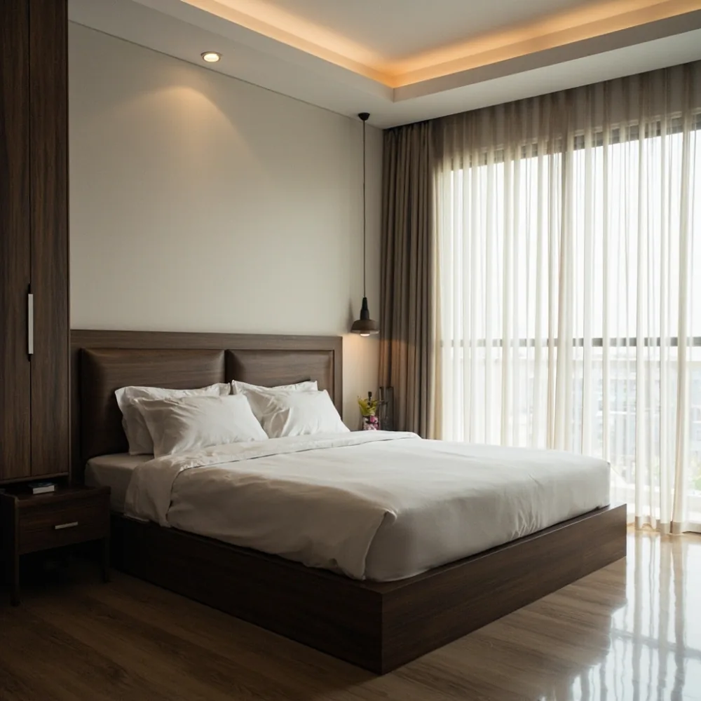 Rangka katil walnut gelap dengan kepala katil geometri postmoden di bilik tidur utama teres Pulau Pinang dengan pencahayaan semula jadi