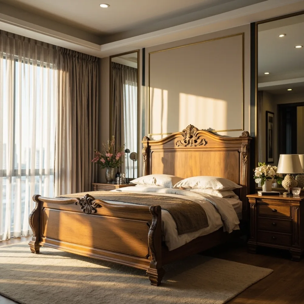 Rangka katil oak pepejal gaya Amerika klasik dengan ukiran sederhana di bilik tidur kondominium Johor Bahru dengan dinding beige neutral
