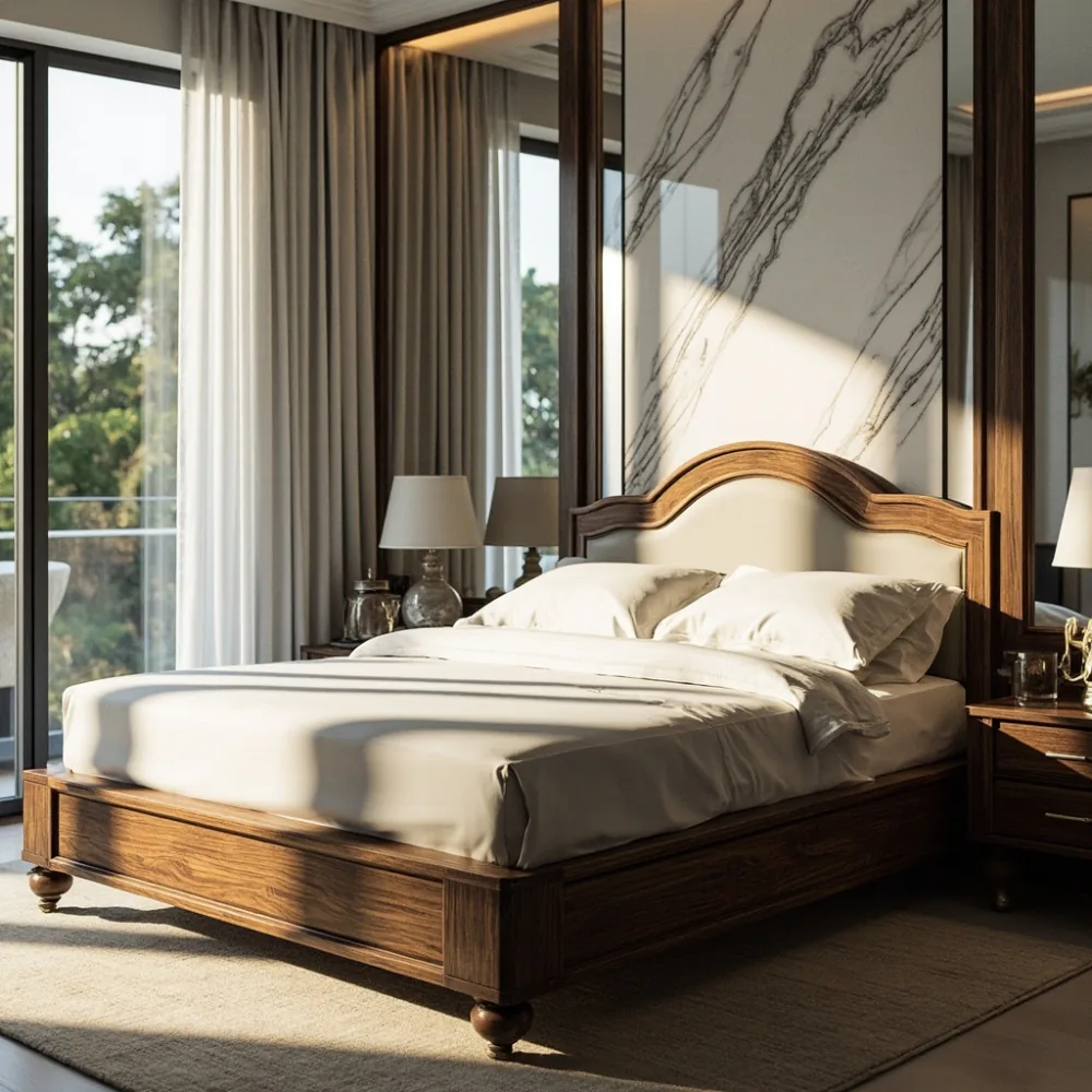 Rangka katil mewah walnut Amerika dengan kepala katil ukiran di bilik tidur utama kondominium Mont Kiara