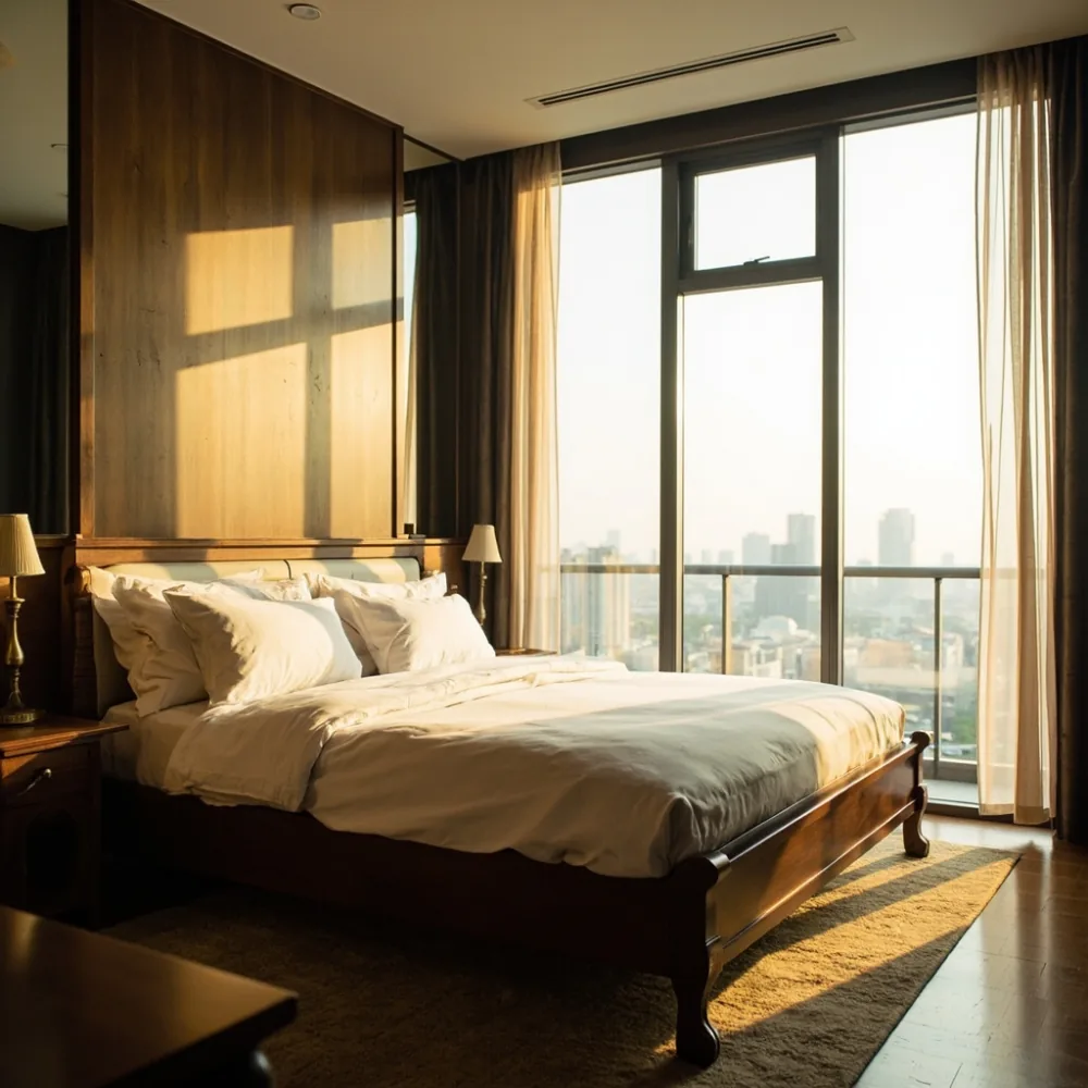 Rangka katil gaya Perancis moden dengan kaki claw foot di bilik tidur penthouse Kuala Lumpur pada cahaya senja