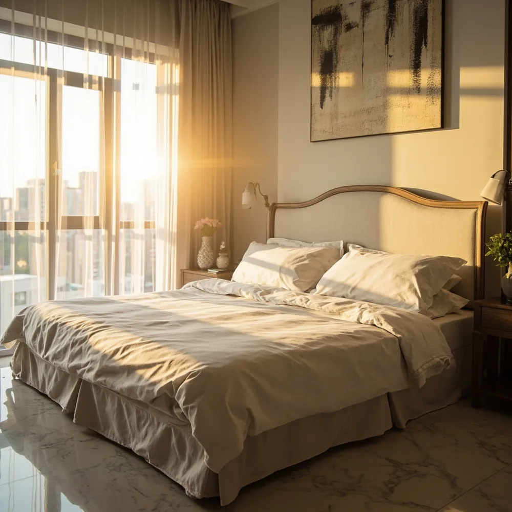 Rangka katil upholsteri linen gaya Perancis dalam bilik tidur kondominium Kuala Lumpur dengan cahaya keemasan petang