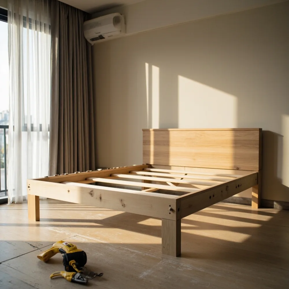 Pemasangan modular rangka katil kayu getah pepejal di ruang tamu kondominium Johor Bahru