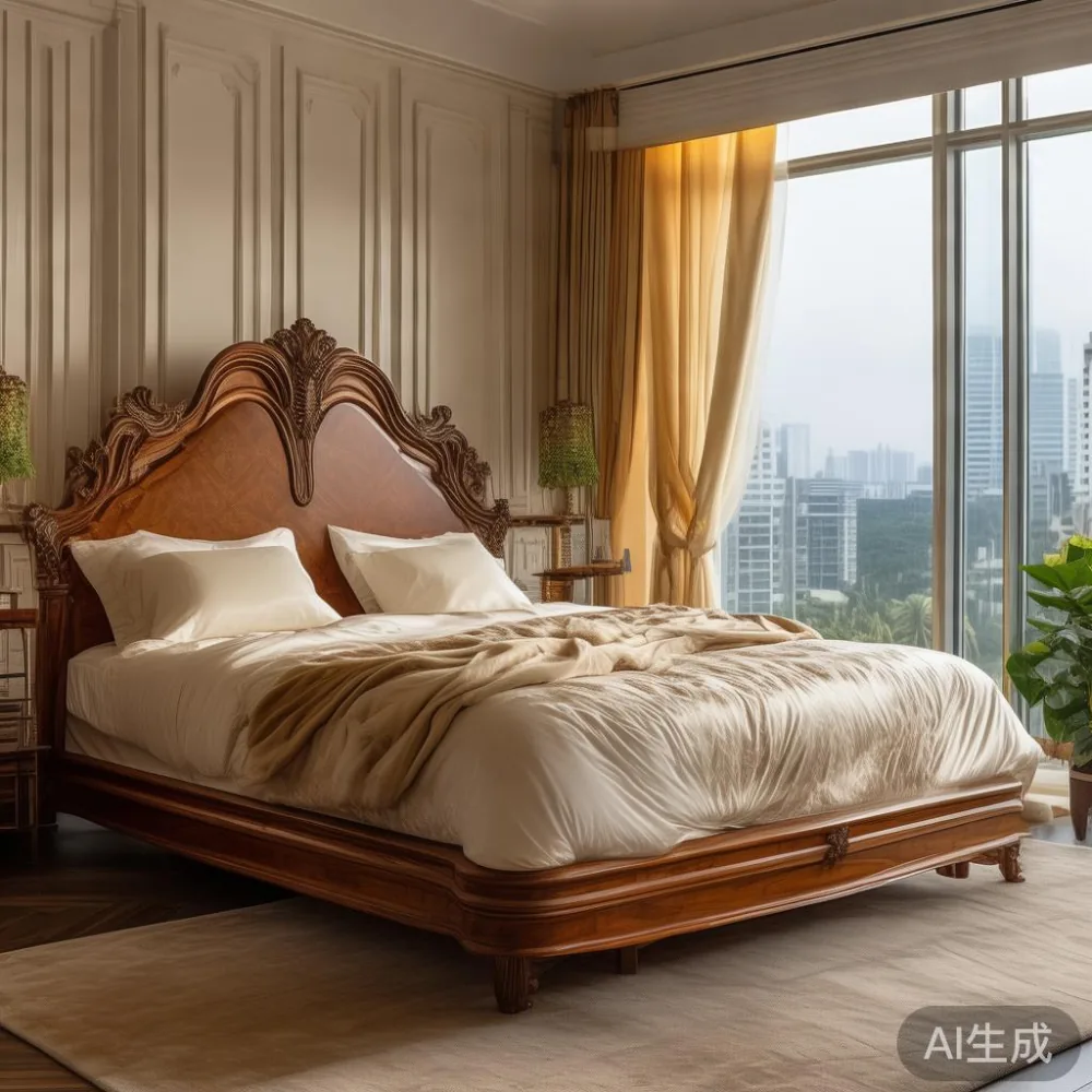 Rangka katil kayu pepejal gaya Perancis di bilik tidur kondominium Kuala Lumpur