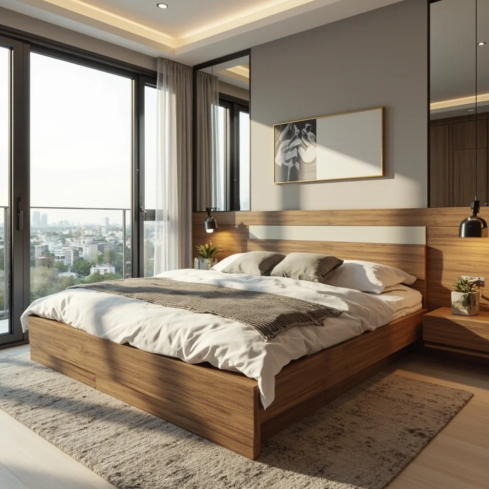 Gambar kerusi katil kayu pepejal dengan desain modern di bilik tidur
