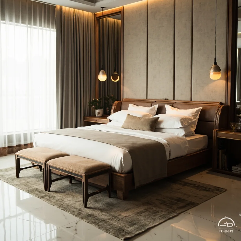 Rangka katil mewah gaya Perancis daripada kayu merbau pepejal di kamar utama kondominium KL