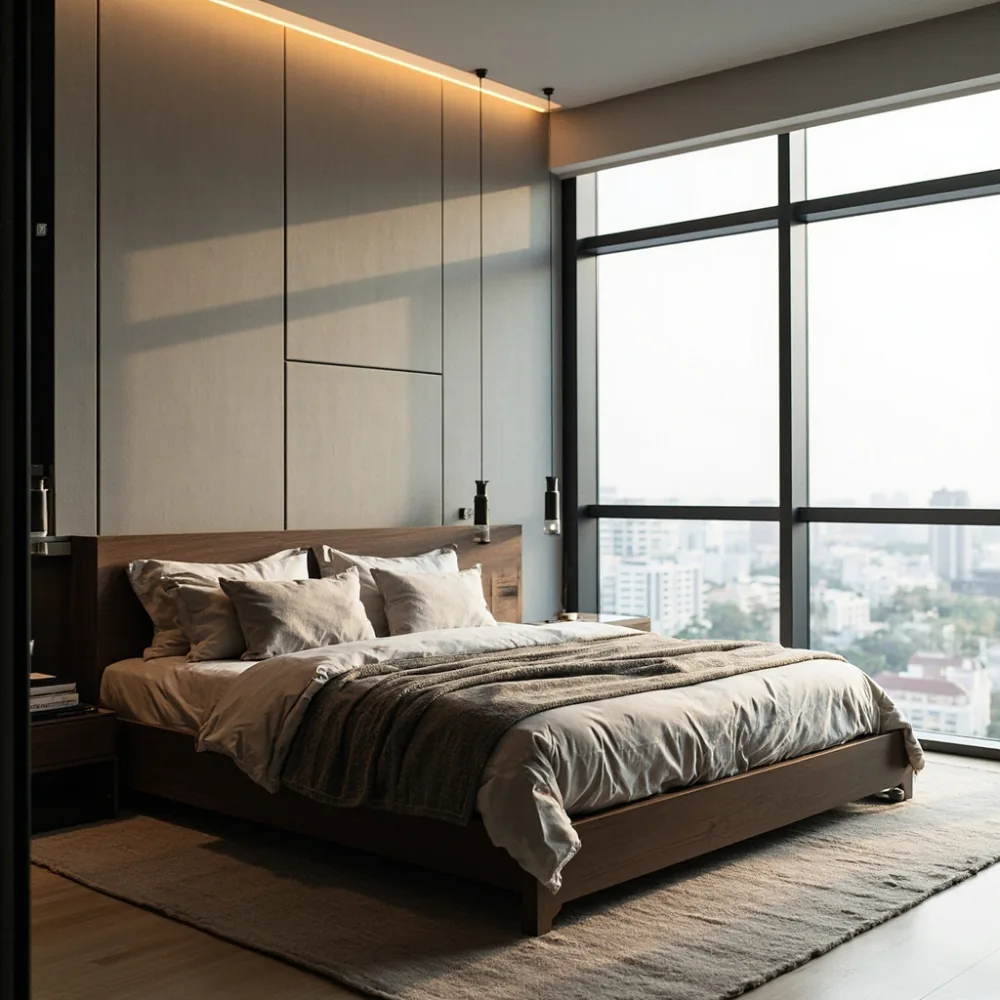 Rangka katil mewah gaya Postmoden walnut matte di kondominium kontemporari Pulau Pinang
