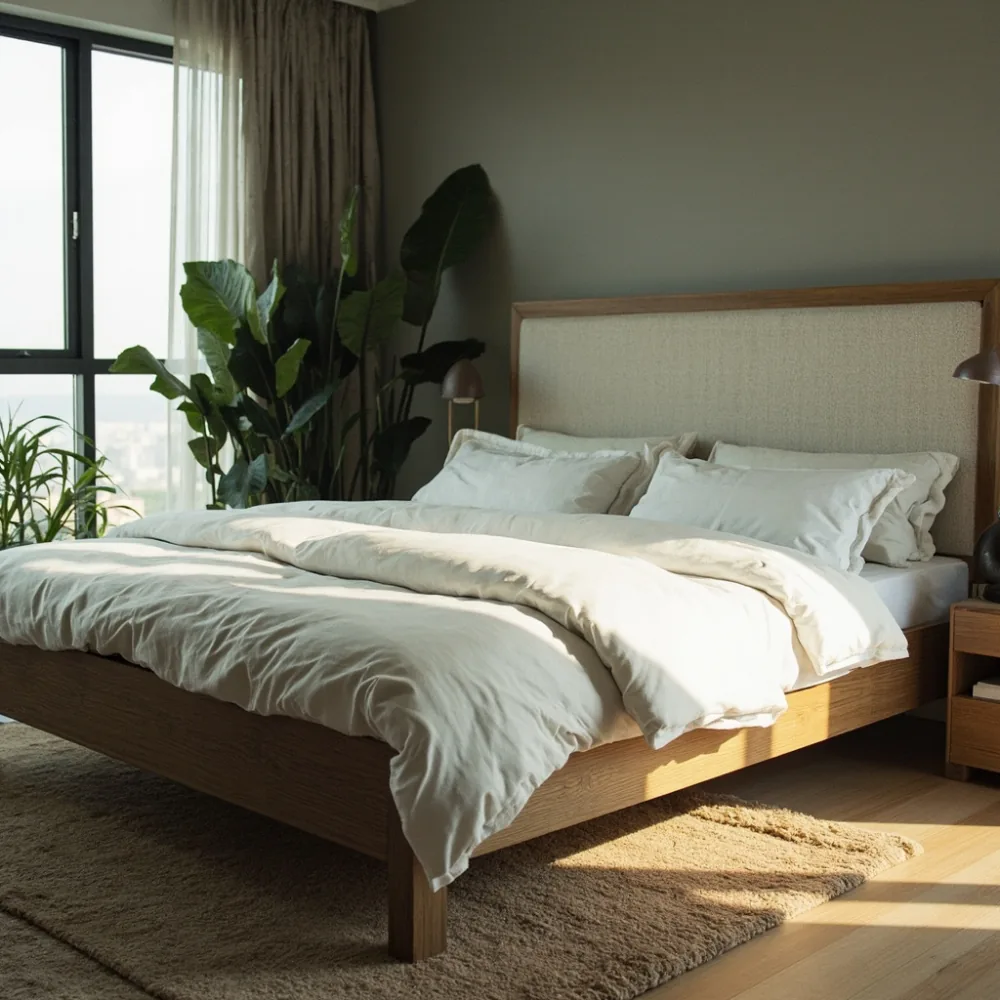 Rangka katil postmoden oak boucle linen di kondominium George Town