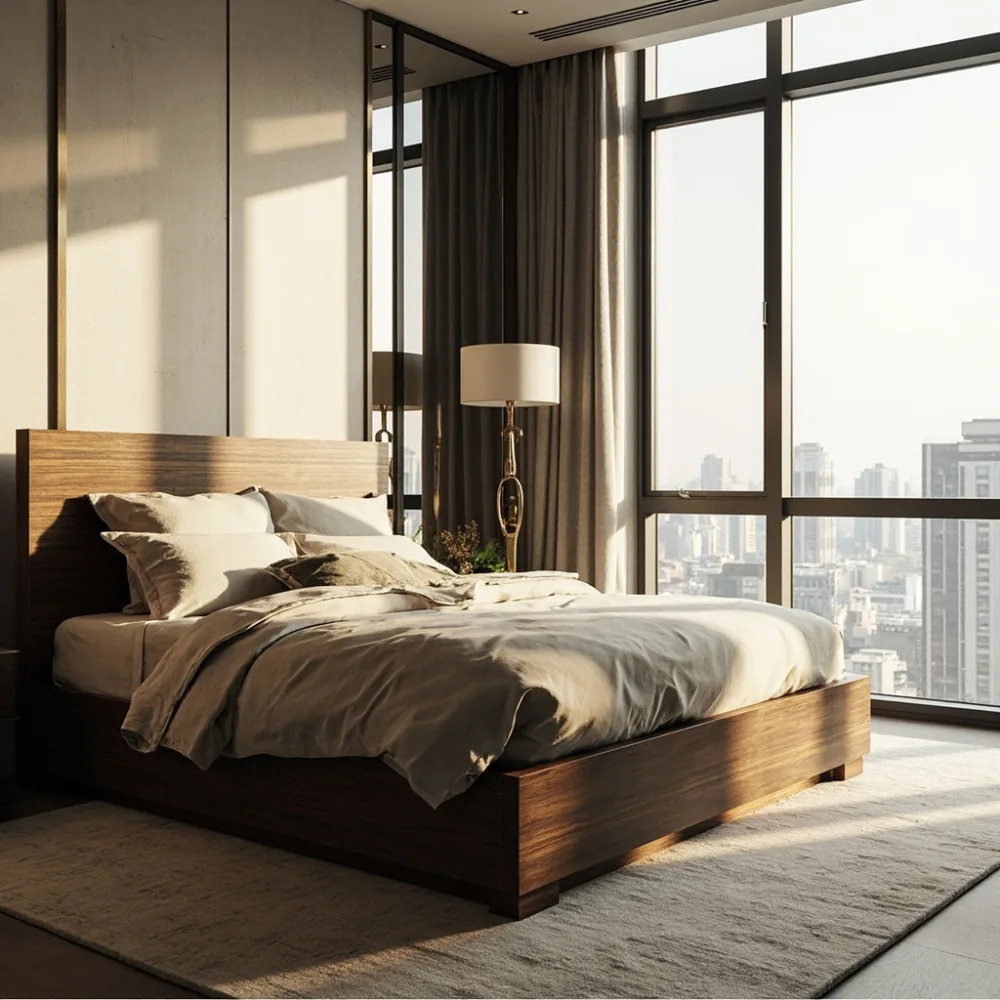 Rangka katil mewah walnut di bilik kondominium KL dengan pencahayaan semula jadi