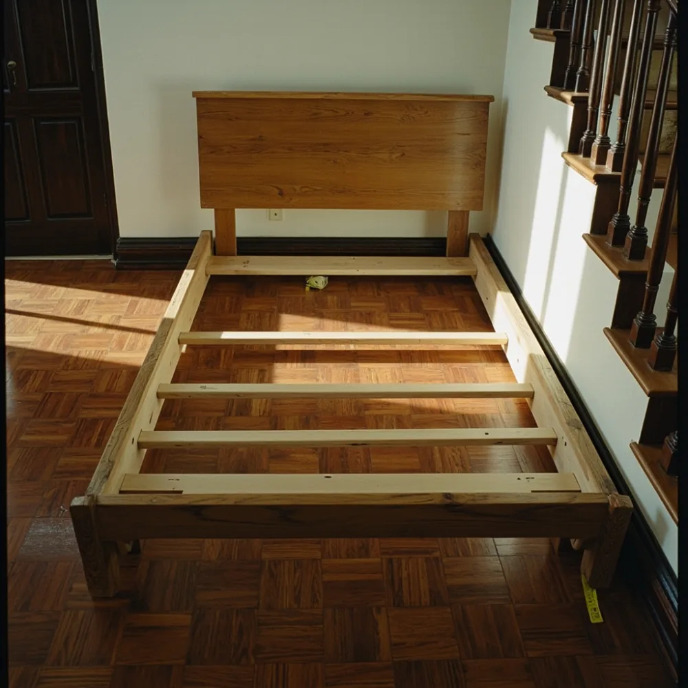 Komponen bed frame oak queen siap dibongkar di tangga rumah teres Johor Bahru