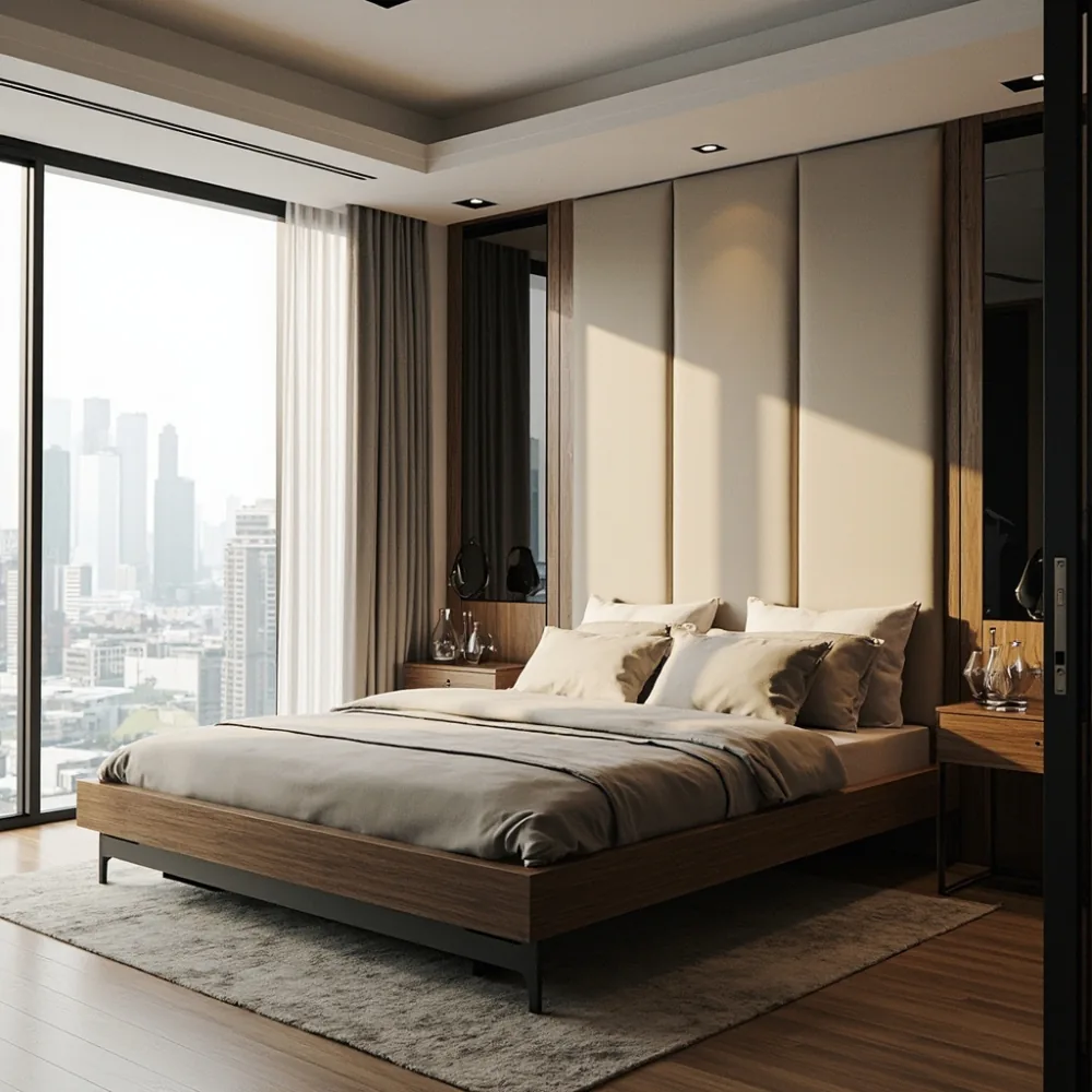 Bingkai katil king kayu walnut di bilik kondominium KL