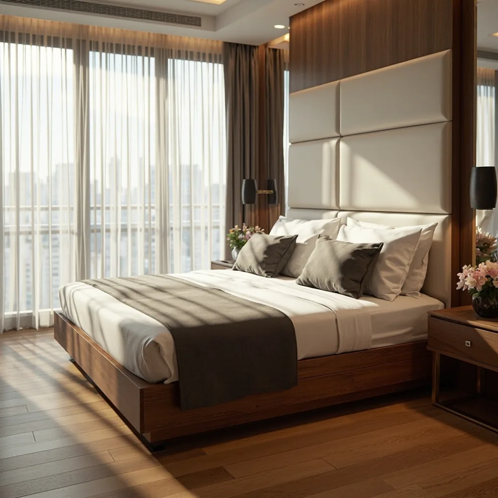 Rangka katil mewah walnut dengan kepala upholsteri di bilik tidur kondominium tropika