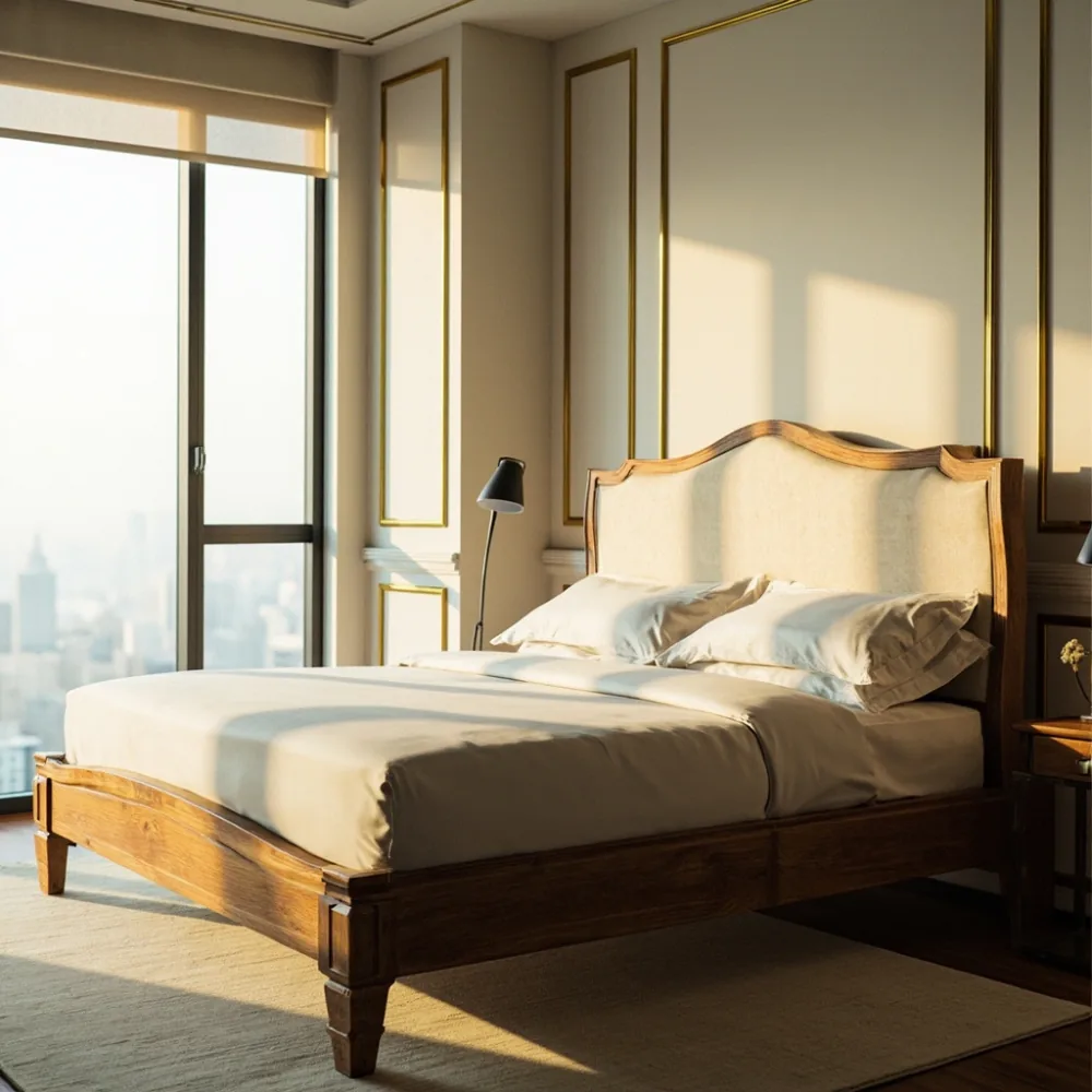 Bed frame gaya Perancis dengan kepala upholsteri baldu champagne dalam bilik tidur kondominium mewah Kuala Lumpur dengan cahaya pagi dari jendela penuh
