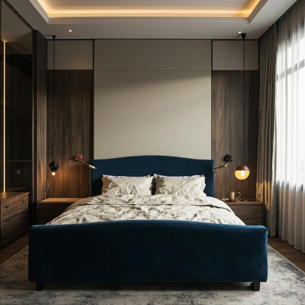 Rangka katil Amerika upholsteri biru navy dalam bilik tidur rumah teres mewah Johor Bahru dengan lampu tepi walnut dan cadar linen neutral