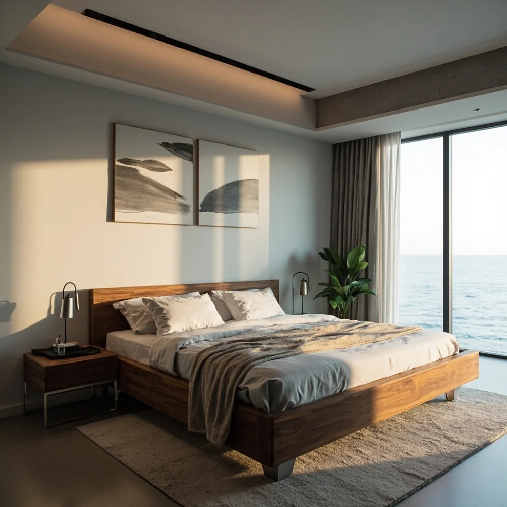 Bed frame Postmoden walnut dengan kaki keluli tahan karat dalam bilik tidur kondominium Pulau Pinang dengan dinding seni abstrak dan aksen konkrit minimalis