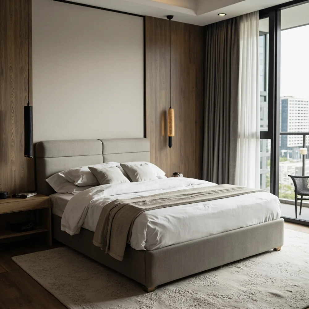Rangka katil upholsteri gaya Amerika di kondominium Pulau Pinang