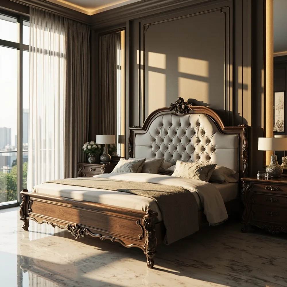 Rangka katil walnut gaya Perancis klasik di kamar utama kondominium mewah Kuala Lumpur dengan lantai marmar