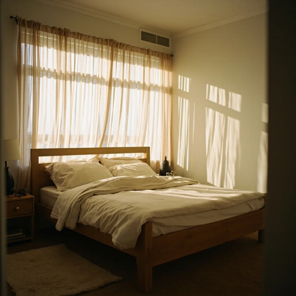 Rangka katil oak shaker gaya Amerika moden di kamar loteng rumah teres Pulau Pinang dengan langsir linen