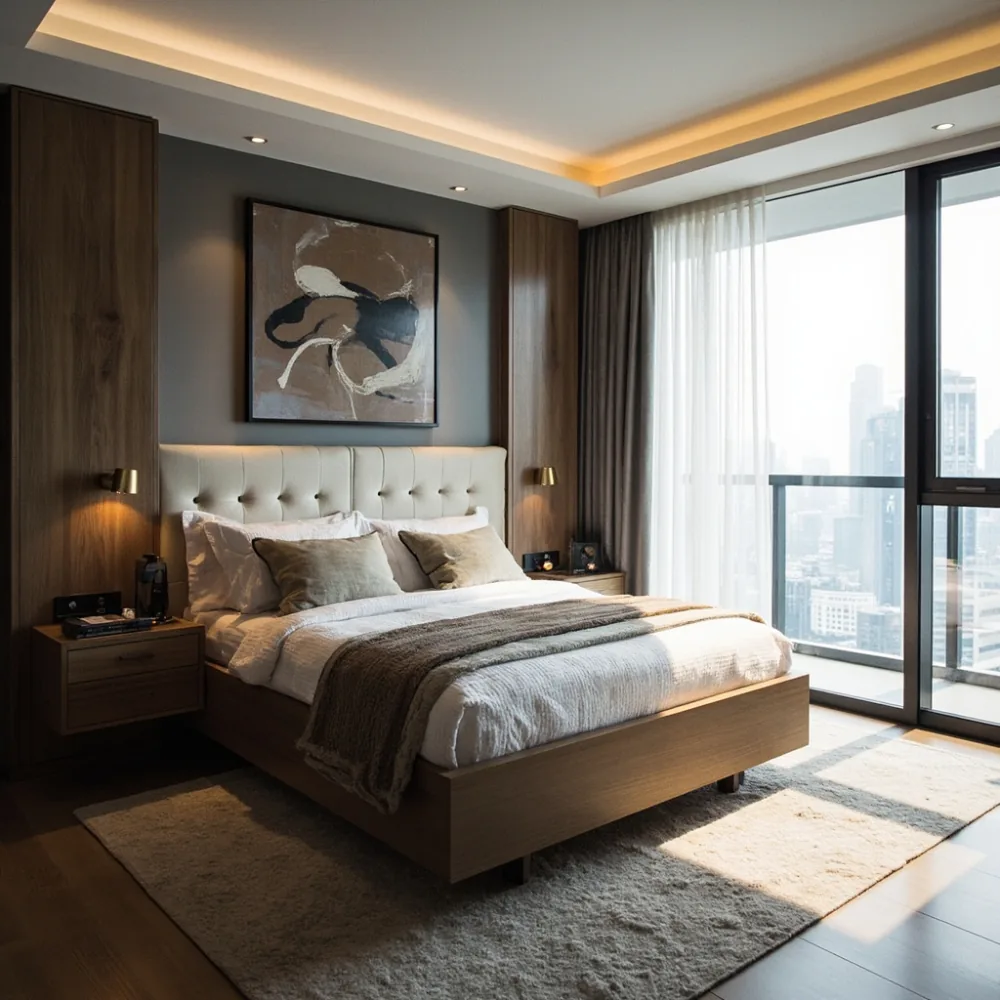 Rangka katil walnut king gaya Perancis moden dalam bilik kondominium KL dengan upholsteri boucle
