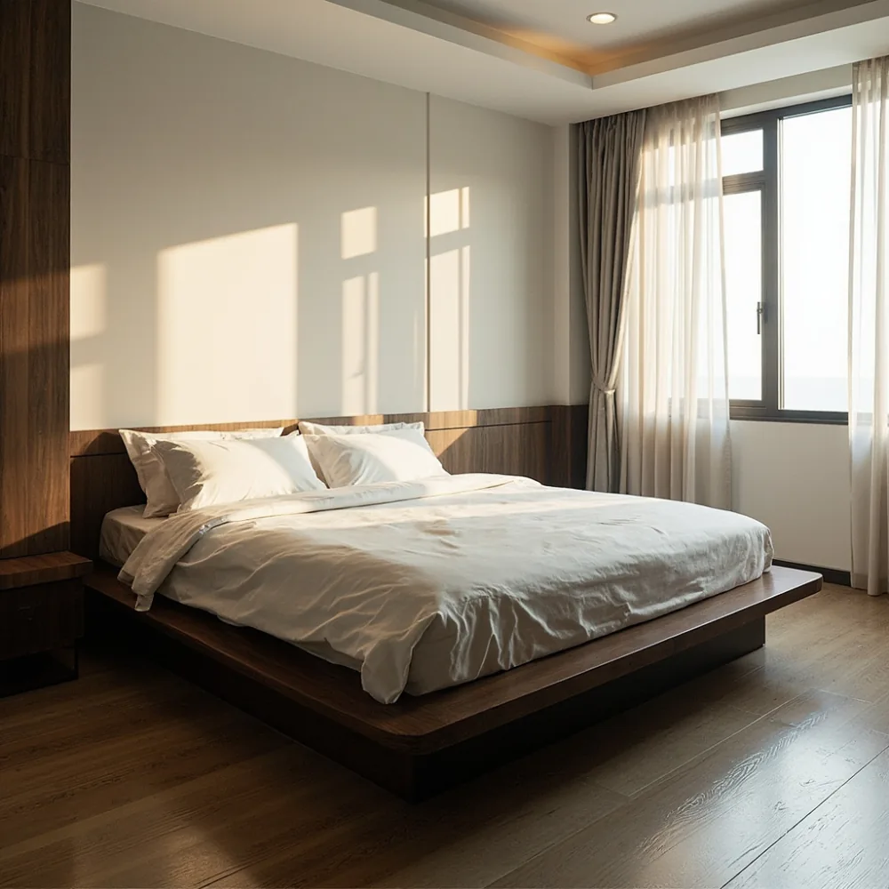 Rangka katil king walnut matte espresso di bilik kondominium Malaysia