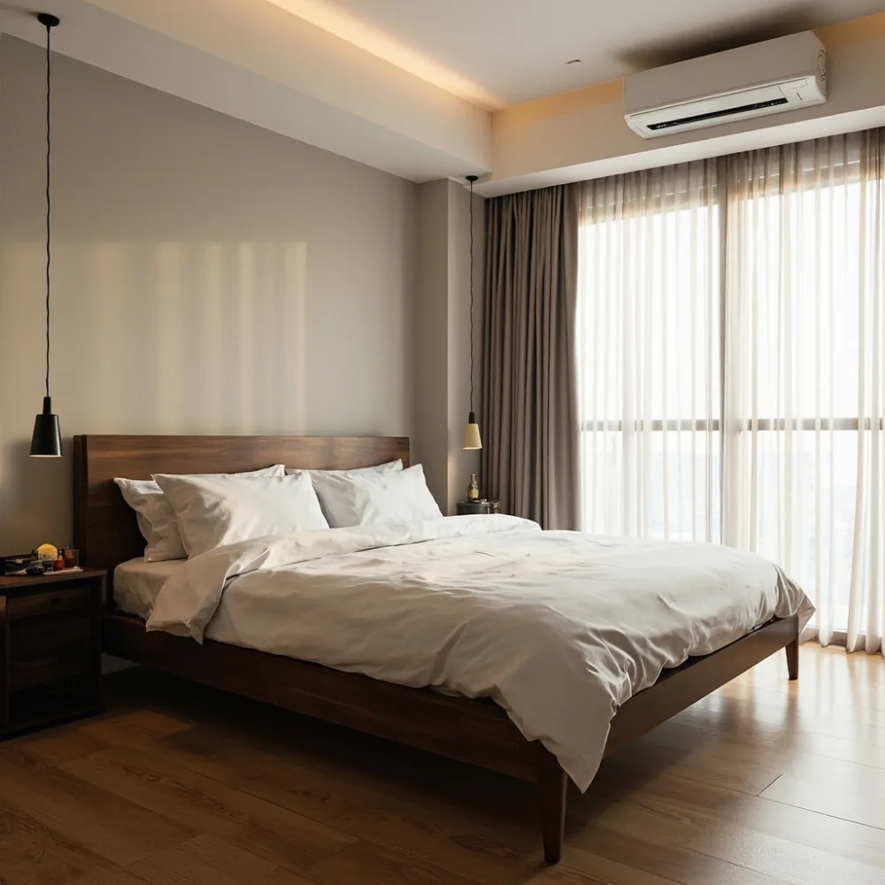 Rangka katil walnut minimalis profil rendah untuk teres mewah Johor Bahru
