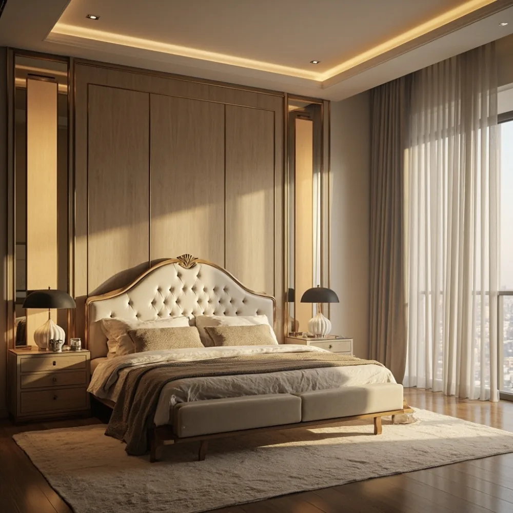 Suite bilik tidur gaya Perancis dengan almari tinggi di kondominium Pulau Pinang
