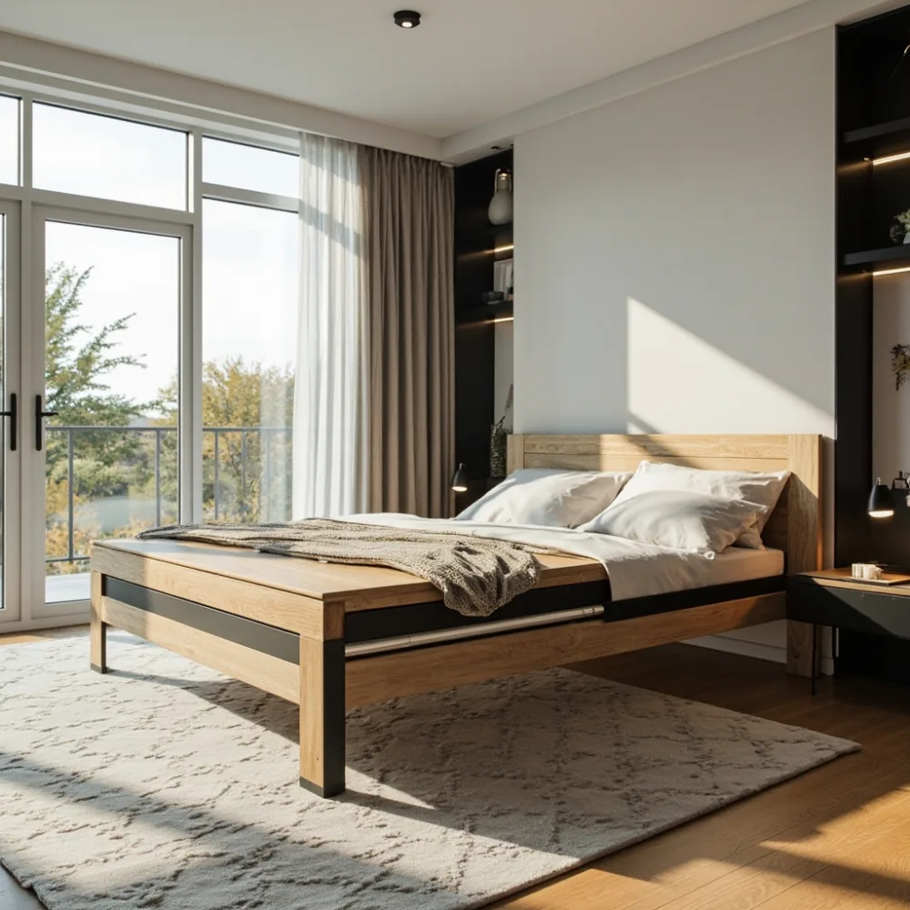 Rangka katil postmoden yang minimalis dengan garis geometri bersih dan campuran kayu oak ringan dan logam hitam