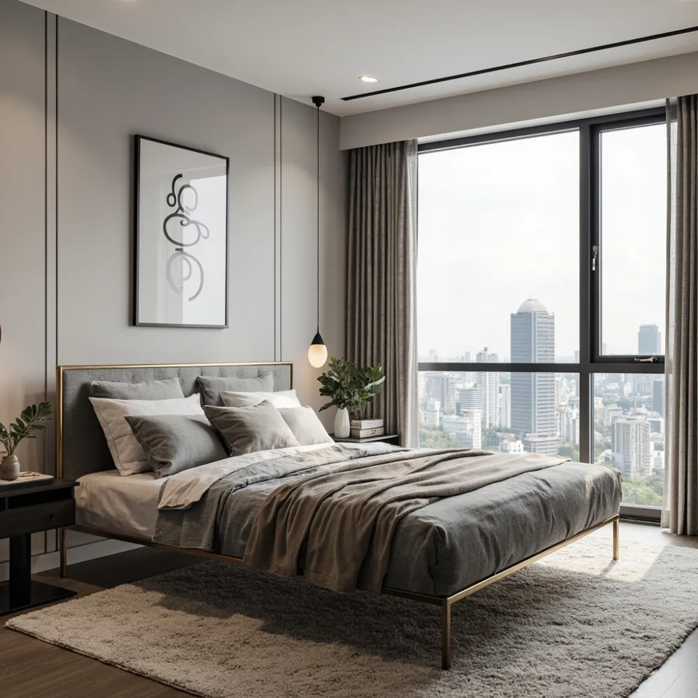 Rangka katil super king postmoden di bilik condominium moden Johor Bahru