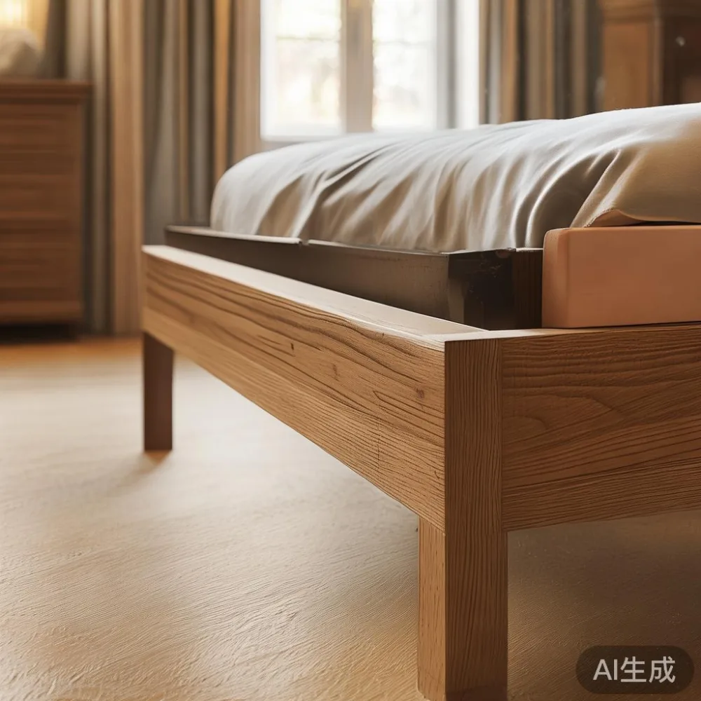 Membandingkan Daya Tahan Veneer Dan Kayu Tulen Dalam Lingkungan Kelemb — detail of the base and leg construction on a bed
