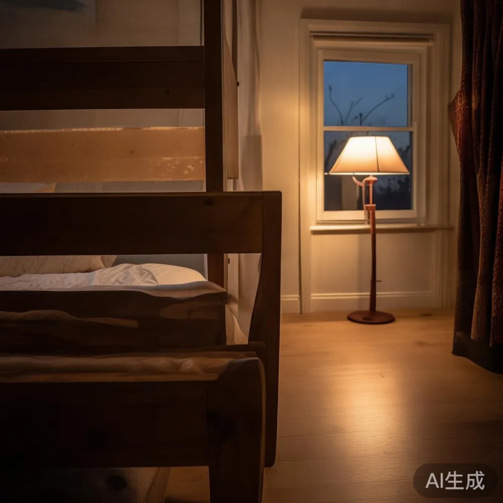 Kelembapan dan Kayu Pepejal: Cara Melindungi Rangka Katil dan Perabot  — room setting at dusk with warm lamp light, film 