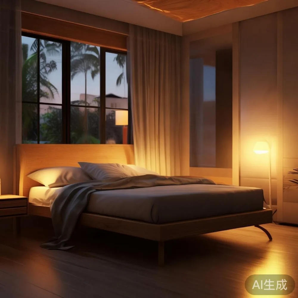 Menjaga Kekayaan Rangka Katil Anda di Iklim Tropika Malaysia — room setting at dusk with warm lamp light, film 
